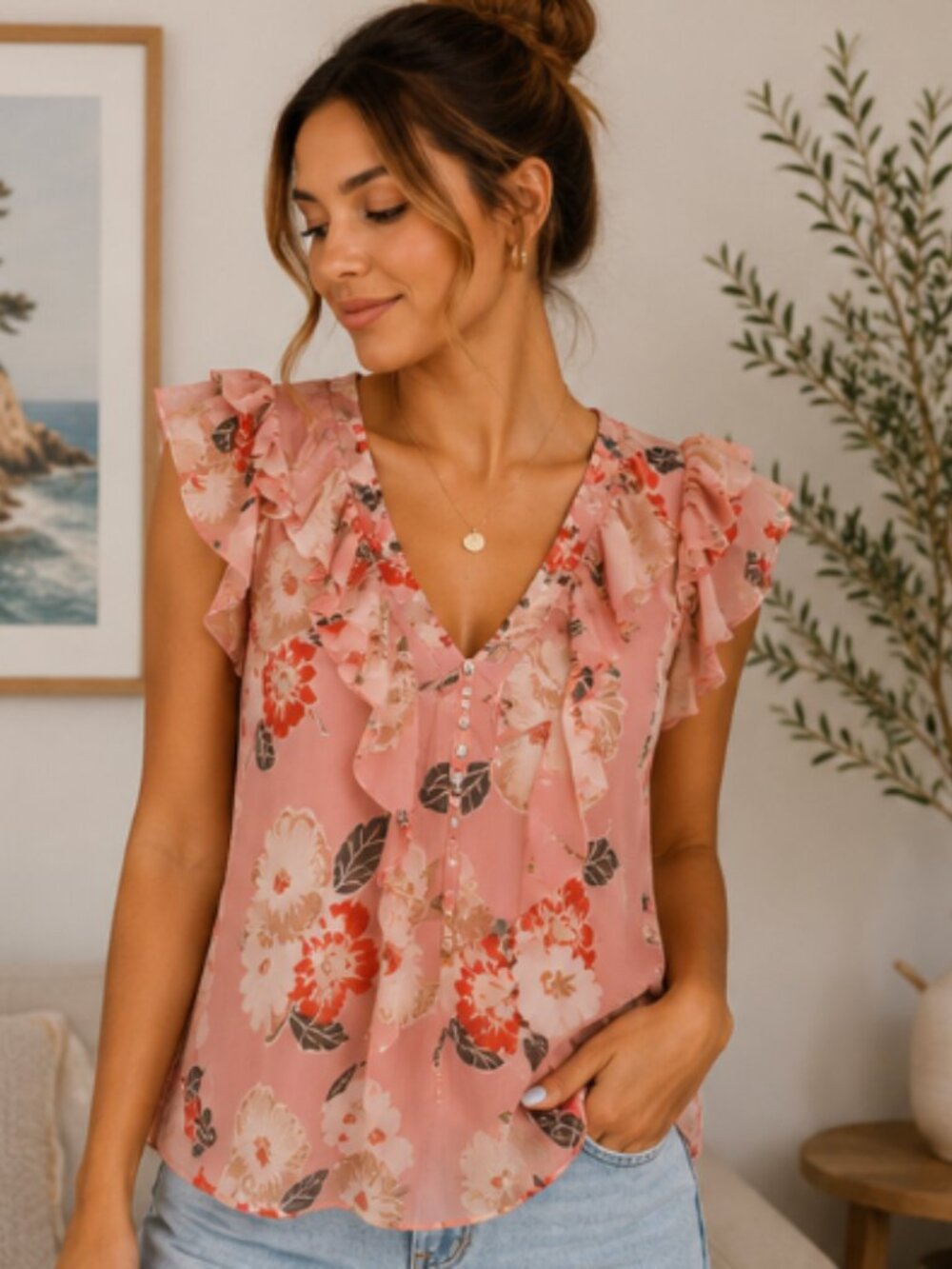 $165 Lauren Ralph Lauren Floral Ruffle Blouse Size Large NWT